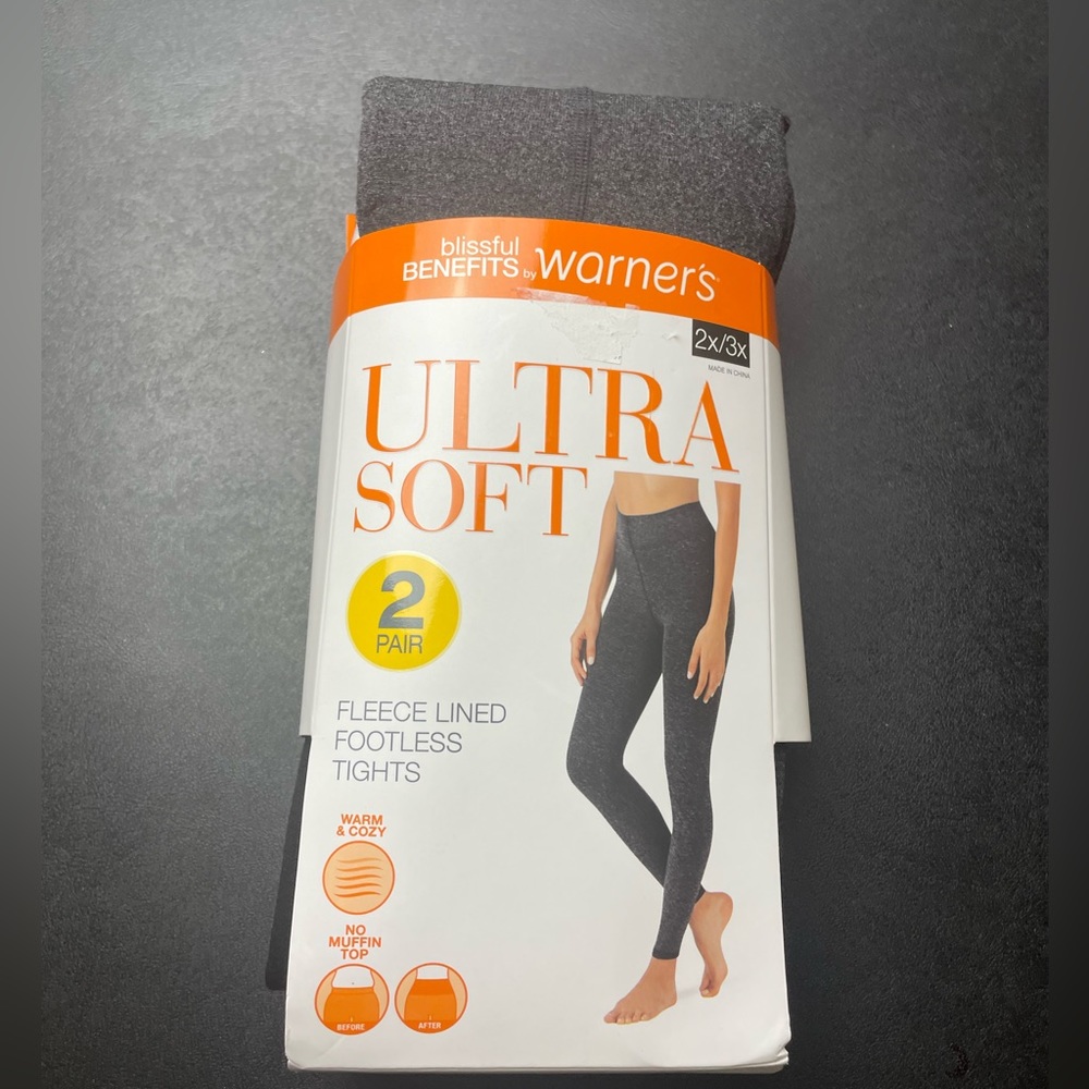 Warner's Black Heather Ultra Soft Fleece Lined Footless Tights 2-Pair Size 2X/3X